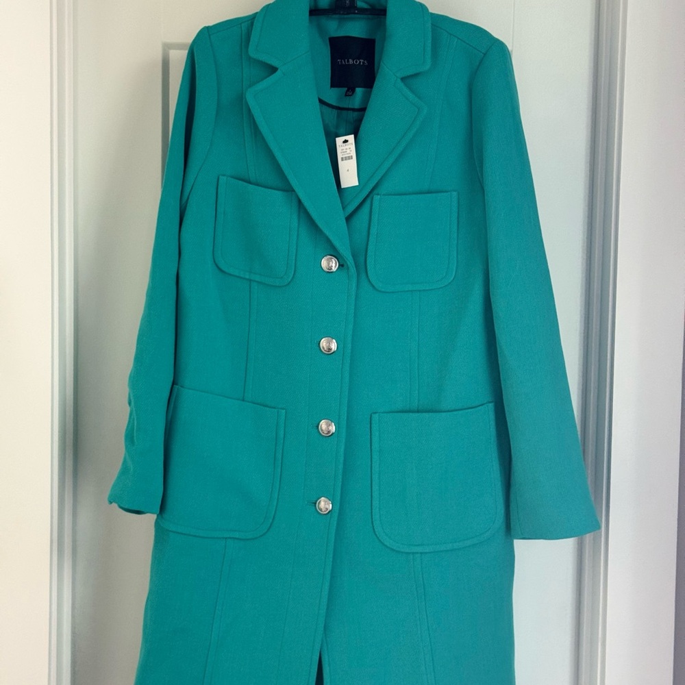 Talbots Teal Button Up Over Coat Size 6~ NWT